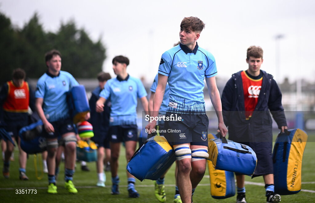 9 February 2026; St Michael’s College players after their side's victory in the Bank of Ireland Leinster Rugby Boys Schools Junior Cup First Round match between Gonzaga College and St Michael’s College at Energia Park in Dublin. Photo by Shauna Clinton/Sportsfile