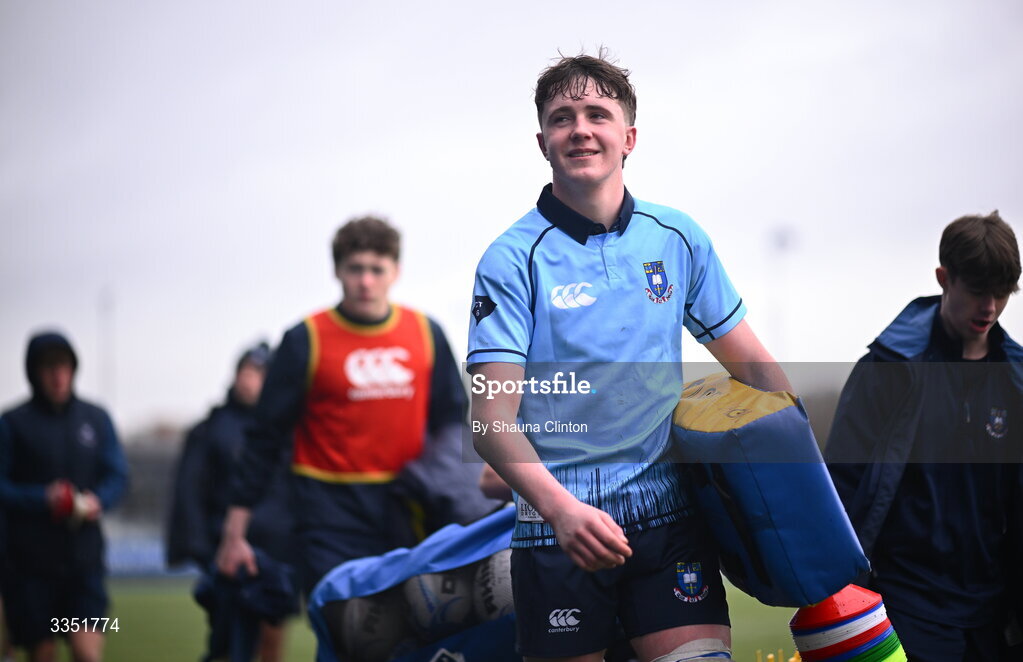9 February 2026; St Michael’s College players after their side's victory in the Bank of Ireland Leinster Rugby Boys Schools Junior Cup First Round match between Gonzaga College and St Michael’s College at Energia Park in Dublin. Photo by Shauna Clinton/Sportsfile