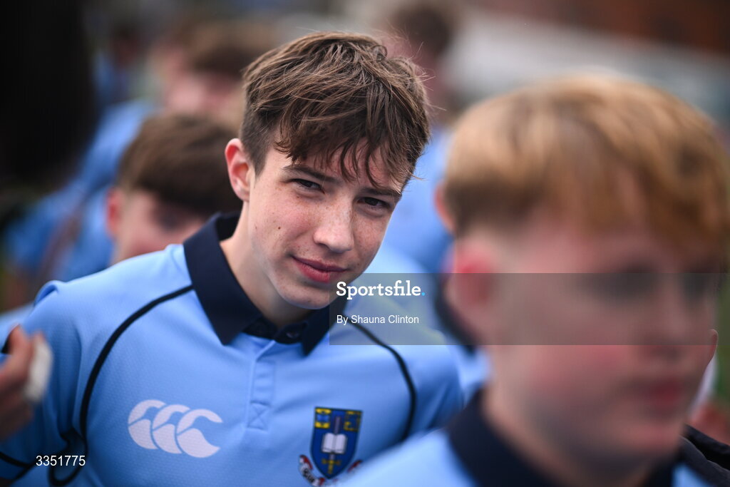 9 February 2026; St Michael’s College players, including Robert Hennessy, centre, after their side's victory in the Bank of Ireland Leinster Rugby Boys Schools Junior Cup First Round match between Gonzaga College and St Michael’s College at Energia Park in Dublin. Photo by Shauna Clinton/Sportsfile