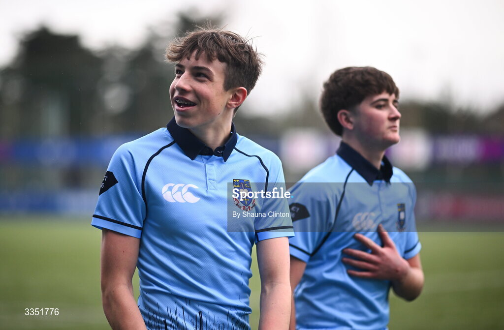 9 February 2026; St Michael’s College players, including Robert Hennessy, left, after their side's victory in the Bank of Ireland Leinster Rugby Boys Schools Junior Cup First Round match between Gonzaga College and St Michael’s College at Energia Park in Dublin. Photo by Shauna Clinton/Sportsfile