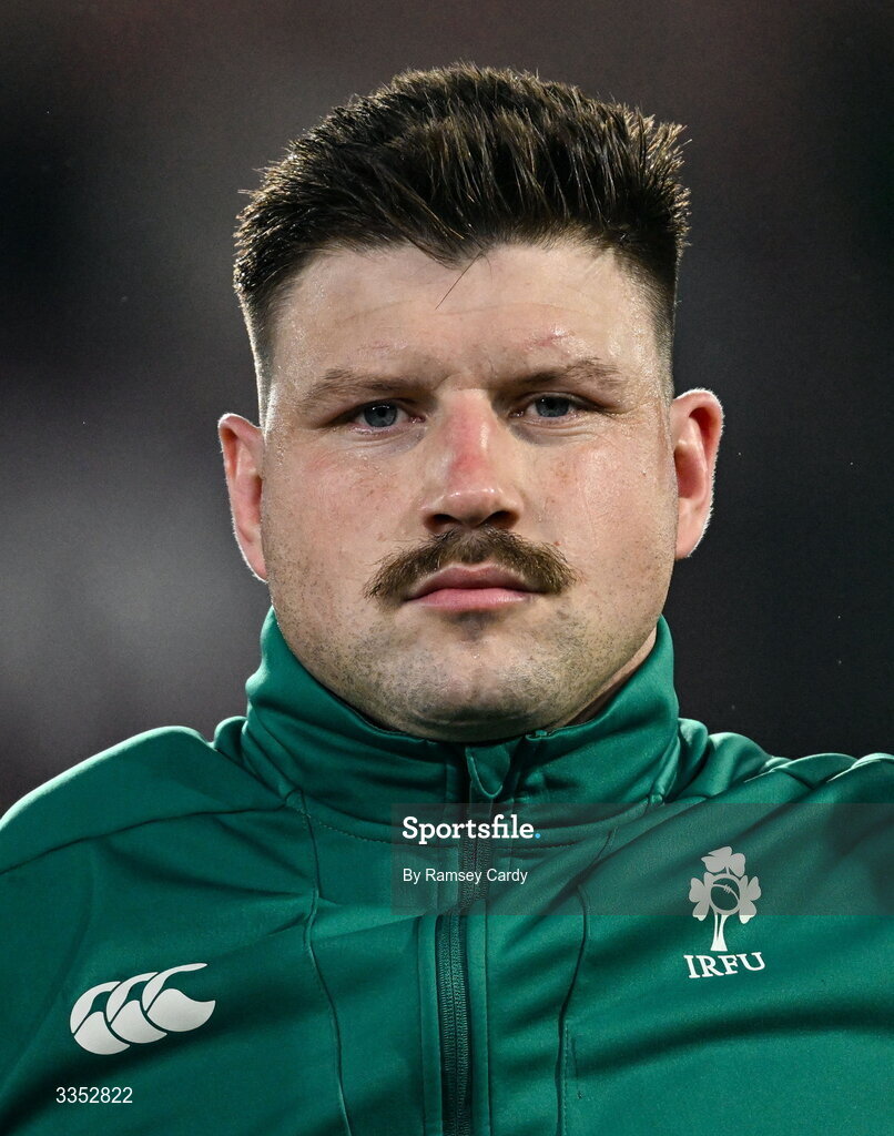 6 February 2026; Fineen Wycherley of Ireland XV before the representative fixture rugby union match between Ireland XV and England A at Thomond Park in Limerick. Photo by Ramsey Cardy/Sportsfile