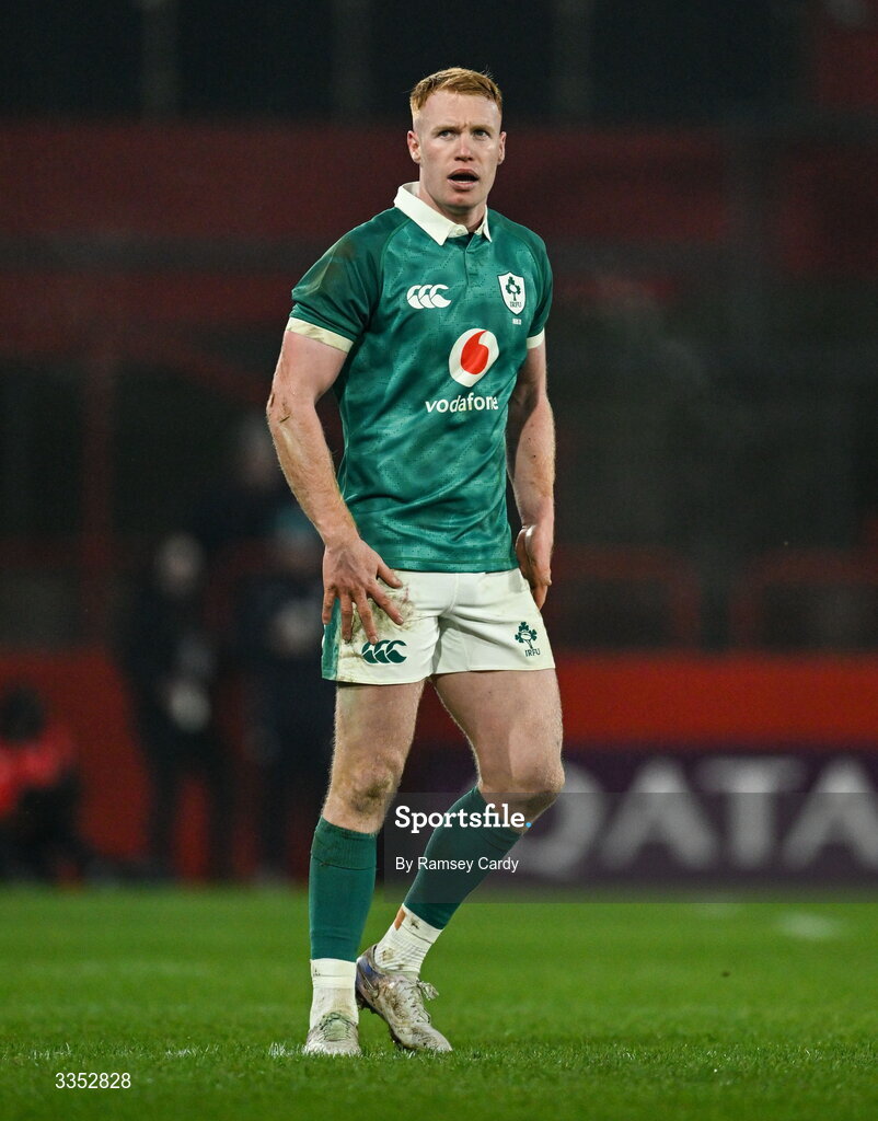 6 February 2026; Ciarán Frawley of Ireland XV during the representative fixture rugby union match between Ireland XV and England A at Thomond Park in Limerick. Photo by Ramsey Cardy/Sportsfile