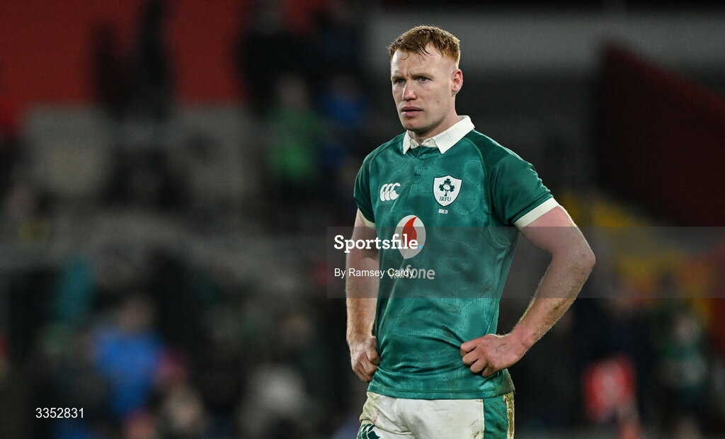 6 February 2026; Ciarán Frawley of Ireland XV during the representative fixture rugby union match between Ireland XV and England A at Thomond Park in Limerick. Photo by Ramsey Cardy/Sportsfile
