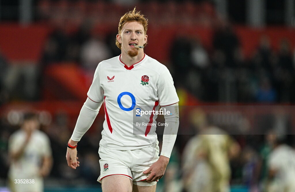 6 February 2026; George Hendy of England A during the representative fixture rugby union match between Ireland XV and England A at Thomond Park in Limerick. Photo by Ramsey Cardy/Sportsfile