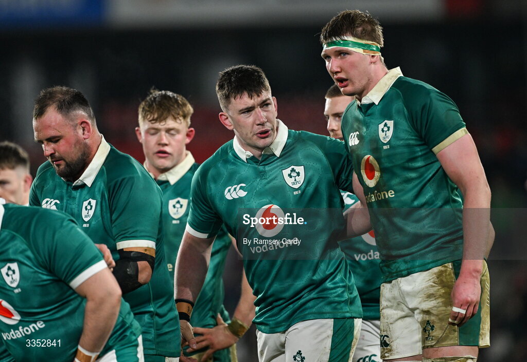 6 February 2026; Harry Sheridan and Charlie Irvine of Ireland XV during the representative fixture rugby union match between Ireland XV and England A at Thomond Park in Limerick. Photo by Ramsey Cardy/Sportsfile