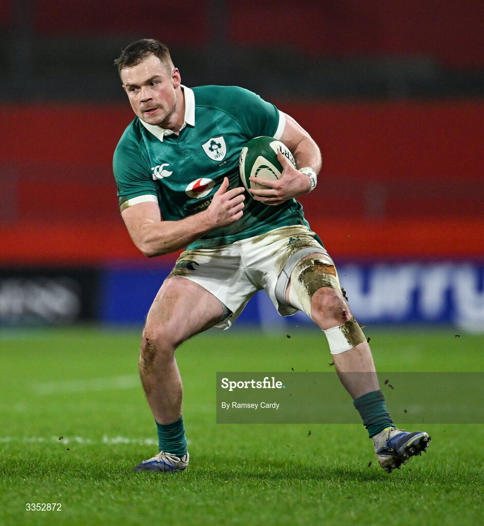 6 February 2026; Zac Ward of Ireland XV during the representative fixture rugby union match between Ireland XV and England A at Thomond Park in Limerick. Photo by Ramsey Cardy/Sportsfile