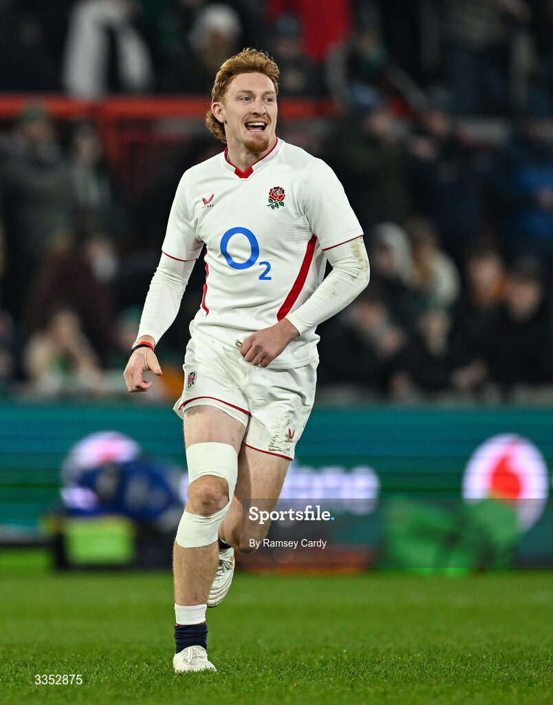 6 February 2026; George Hendy of England A during the representative fixture rugby union match between Ireland XV and England A at Thomond Park in Limerick. Photo by Ramsey Cardy/Sportsfile