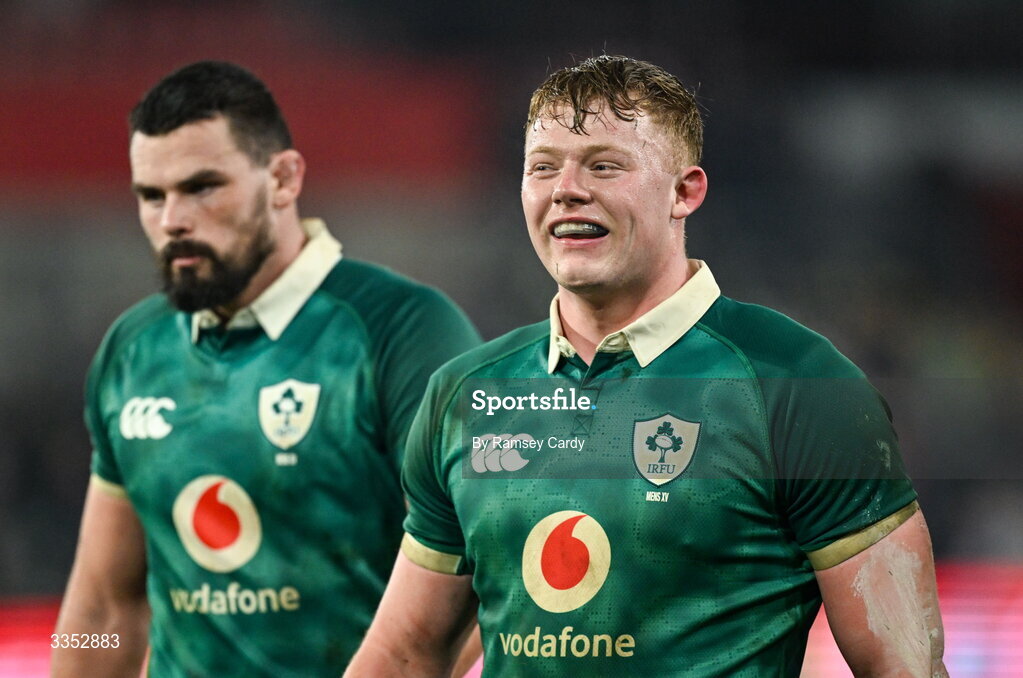 6 February 2026; Bryn Ward, right, and Max Deegan of Ireland XV during the representative fixture rugby union match between Ireland XV and England A at Thomond Park in Limerick. Photo by Ramsey Cardy/Sportsfile