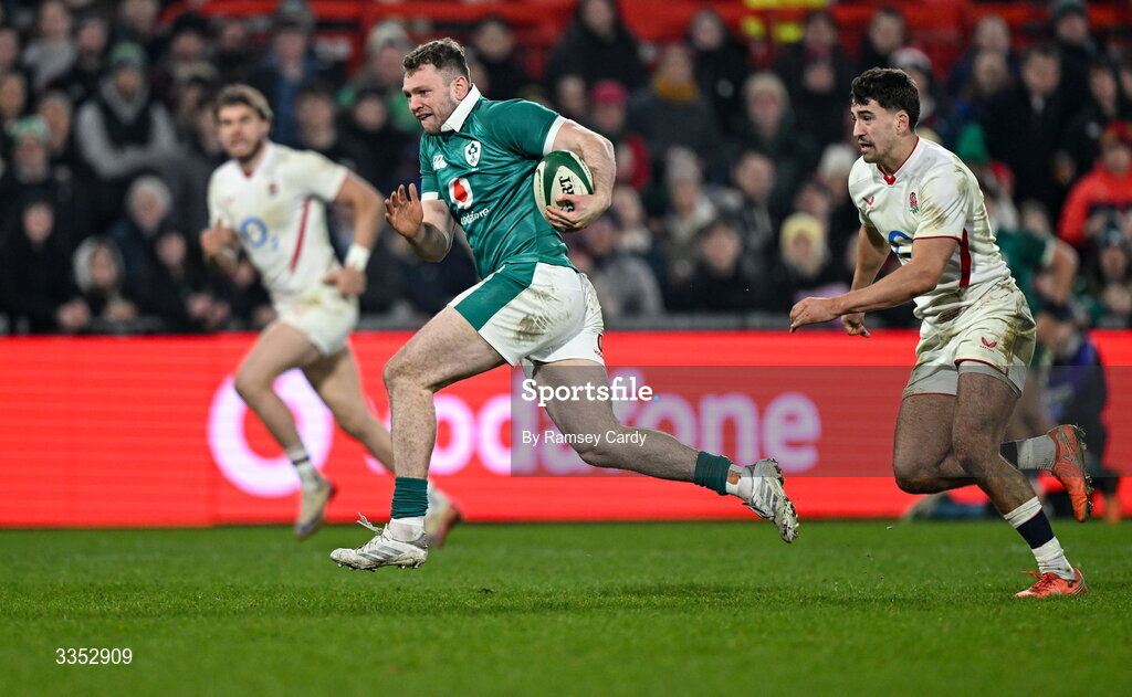 6 February 2026; Cathal Forde of Ireland XV during the representative fixture rugby union match between Ireland XV and England A at Thomond Park in Limerick. Photo by Ramsey Cardy/Sportsfile