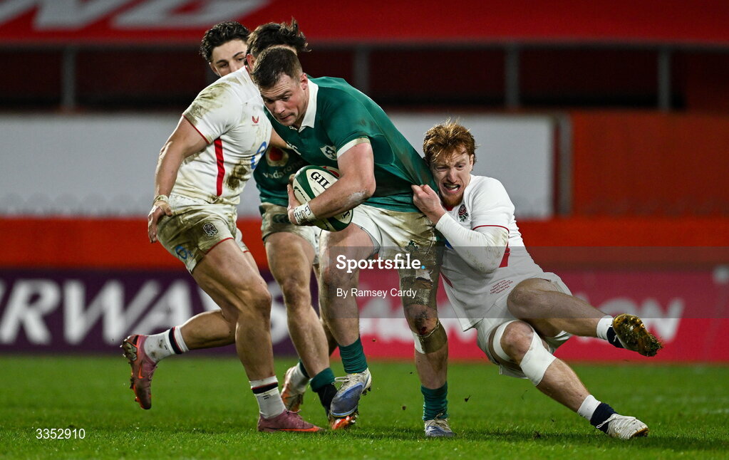 6 February 2026; Zac Ward of Ireland XV is tackled by George Hendy of England A during the representative fixture rugby union match between Ireland XV and England A at Thomond Park in Limerick. Photo by Ramsey Cardy/Sportsfile