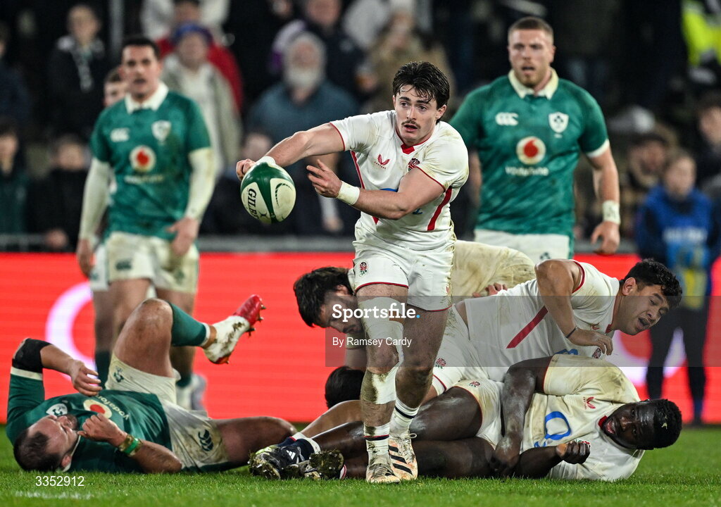 6 February 2026; Raffi Quirke of England A during the representative fixture rugby union match between Ireland XV and England A at Thomond Park in Limerick. Photo by Ramsey Cardy/Sportsfile