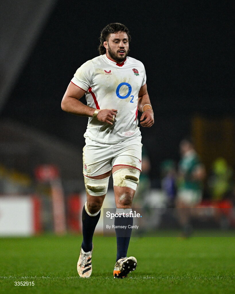 6 February 2026; Ethan Roots of England A during the representative fixture rugby union match between Ireland XV and England A at Thomond Park in Limerick. Photo by Ramsey Cardy/Sportsfile