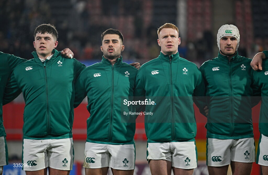 6 February 2026; Ireland XV players, from left, Billy Bohan, Dan Kelly, Ciarán Frawley and Shane Daly before the representative fixture rugby union match between Ireland XV and England A at Thomond Park in Limerick. Photo by Ramsey Cardy/Sportsfile