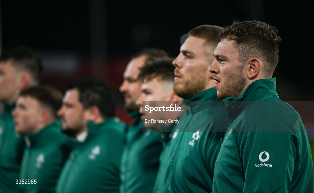 6 February 2026; Cathal Forde of Ireland XV before the representative fixture rugby union match between Ireland XV and England A at Thomond Park in Limerick. Photo by Ramsey Cardy/Sportsfile