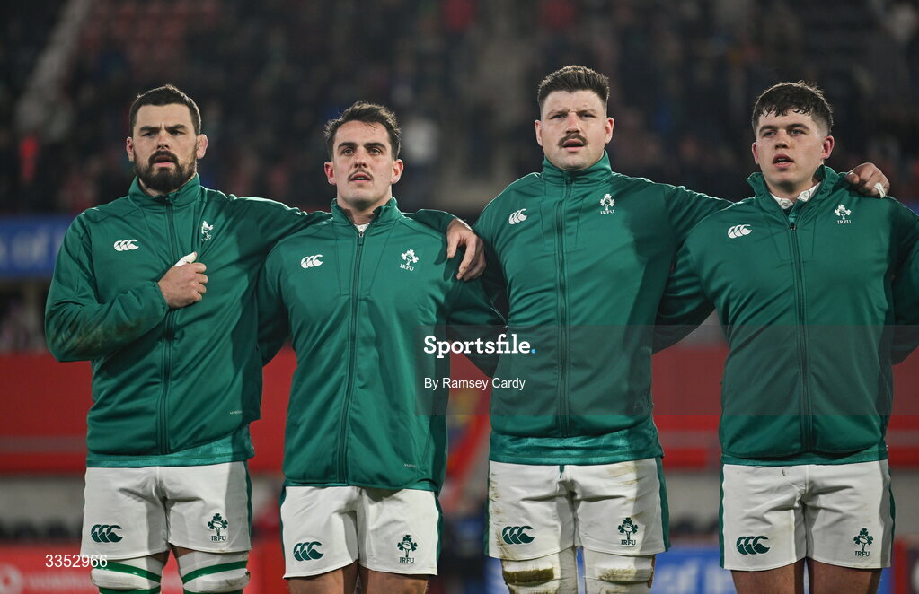 6 February 2026; Ireland XV players, from left, Max Deegan, James Hume, Fineen Wycherley and Billy Bohan before the representative fixture rugby union match between Ireland XV and England A at Thomond Park in Limerick. Photo by Ramsey Cardy/Sportsfile