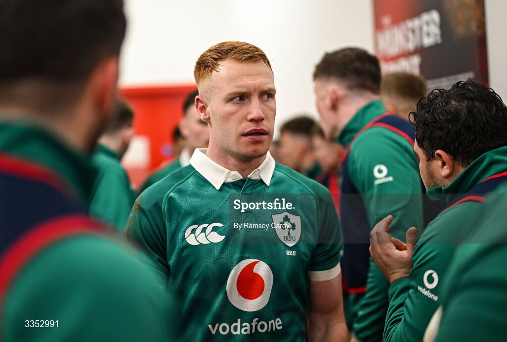 6 February 2026; Ciarán Frawley of Ireland XV during the representative fixture rugby union match between Ireland XV and England A at Thomond Park in Limerick. Photo by Ramsey Cardy/Sportsfile