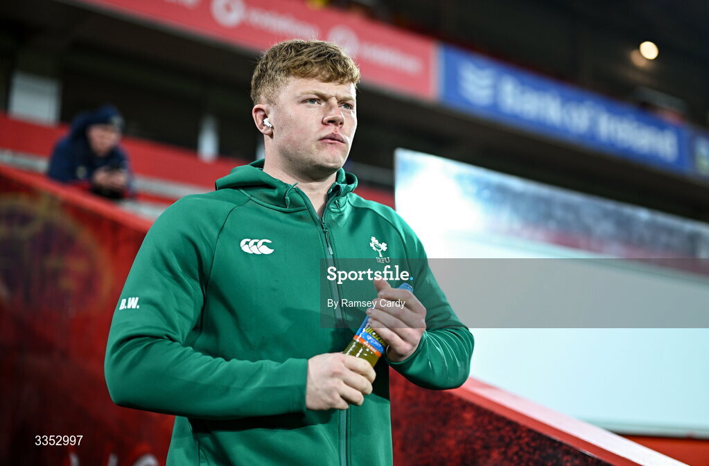 6 February 2026; Bryn Ward of Ireland XV before the representative fixture rugby union match between Ireland XV and England A at Thomond Park in Limerick. Photo by Ramsey Cardy/Sportsfile
