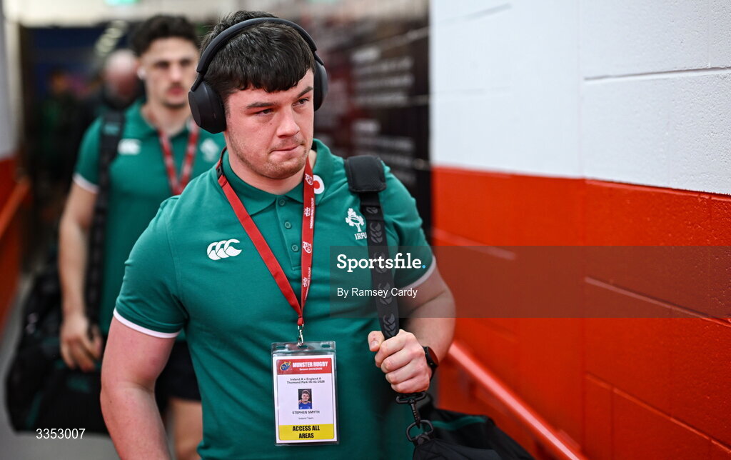 6 February 2026; Stephen Smyth of Ireland before the representative fixture rugby union match between Ireland XV and England A at Thomond Park in Limerick. Photo by Ramsey Cardy/Sportsfile