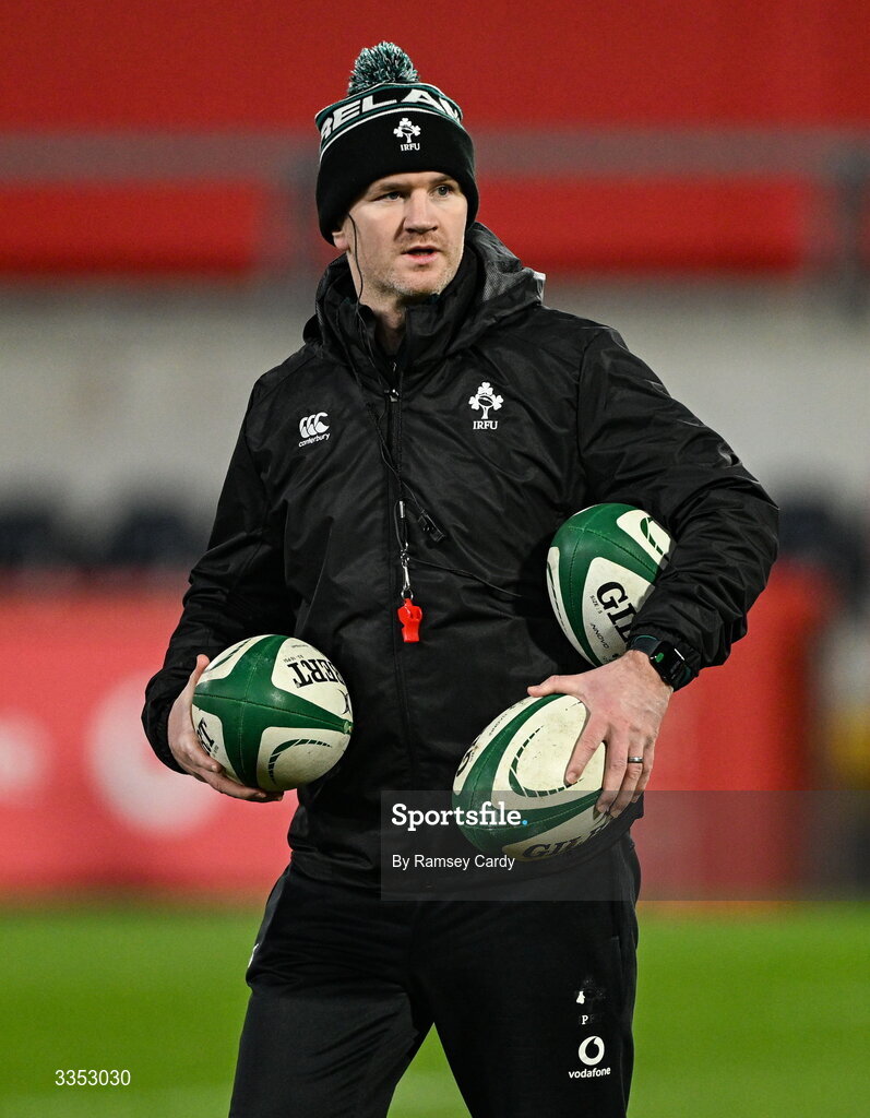 6 February 2026; Ireland XV attack coach Mark Sexton before the representative fixture rugby union match between Ireland XV and England A at Thomond Park in Limerick. Photo by Ramsey Cardy/Sportsfile