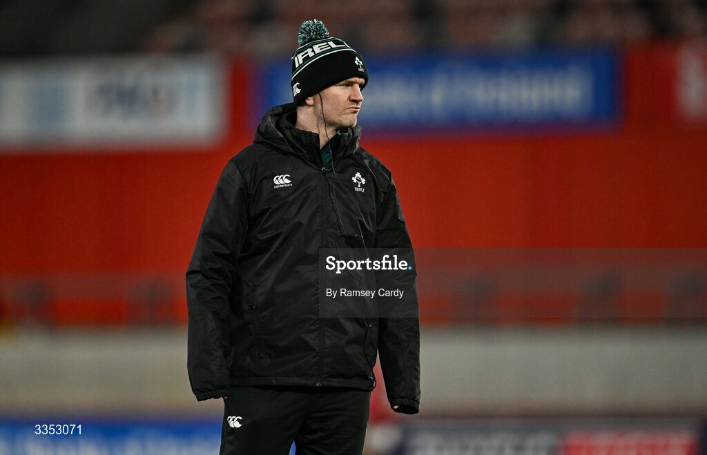 6 February 2026; Ireland XV attack coach Mark Sexton before the representative fixture rugby union match between Ireland XV and England A at Thomond Park in Limerick. Photo by Ramsey Cardy/Sportsfile
