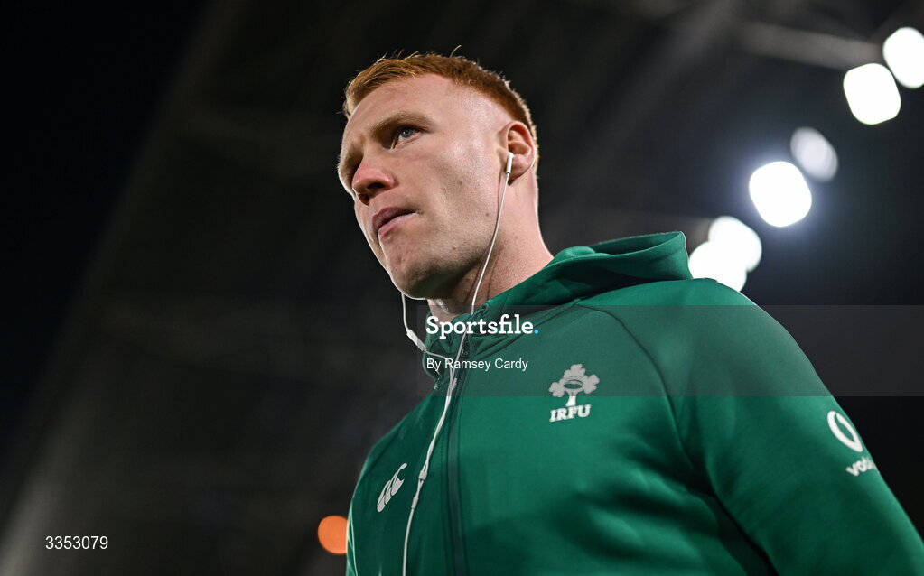 6 February 2026; Ciarán Frawley of Ireland XV before the representative fixture rugby union match between Ireland XV and England A at Thomond Park in Limerick. Photo by Ramsey Cardy/Sportsfile