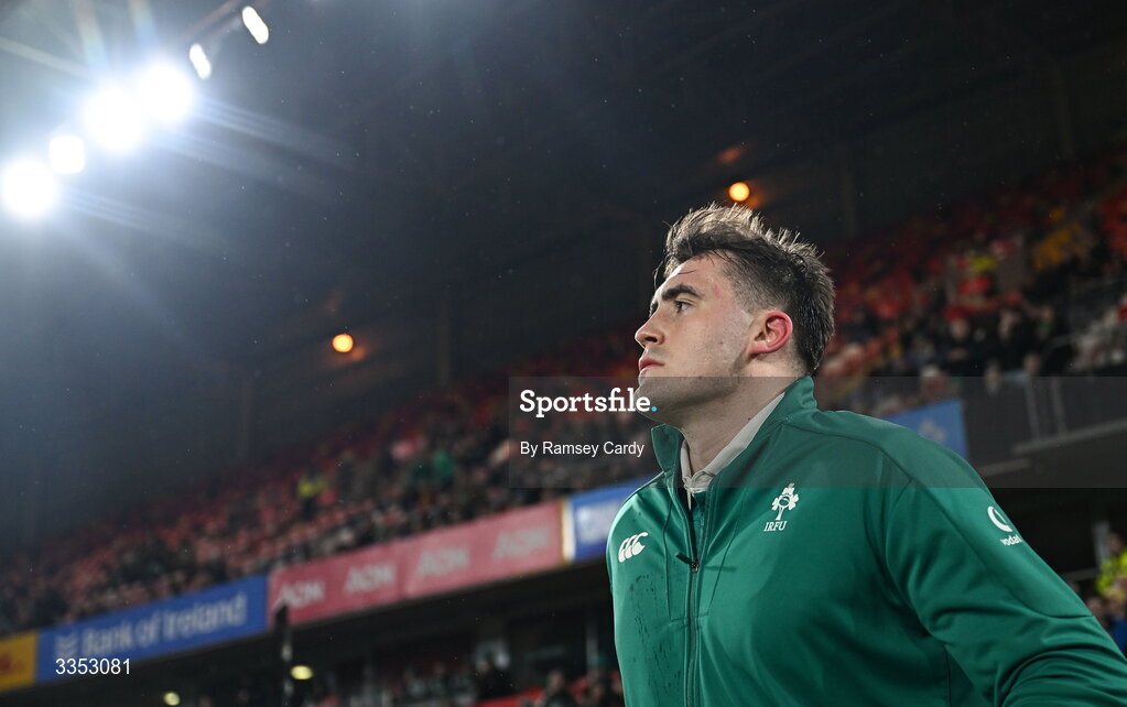 6 February 2026; Brian Gleeson of Ireland XV before the representative fixture rugby union match between Ireland XV and England A at Thomond Park in Limerick. Photo by Ramsey Cardy/Sportsfile