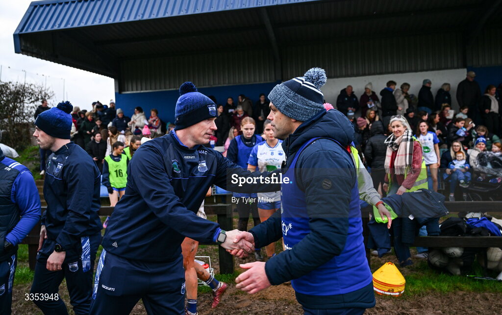 7 February 2026; Waterford manager Tomás Mac a t'Saoir and Dublin manager Paul Casey shake hands after the Lidl Ladies National Football League Division 1 Round 3 match between Waterford and Dublin at Dungarvan GAA Club in Dungarvan, Waterford. Photo by Tyler Miller/Sportsfile