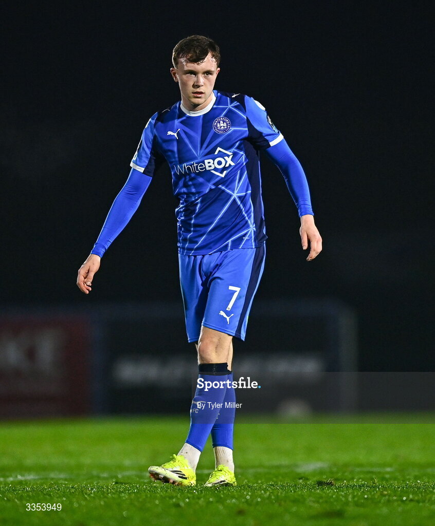 6 February 2026; Conor Carty of Waterford during the SSE Airtricity Men's Premier Division match between Waterford and Shelbourne at the Regional Sports Centre in Waterford. Photo by Tyler Miller/Sportsfile