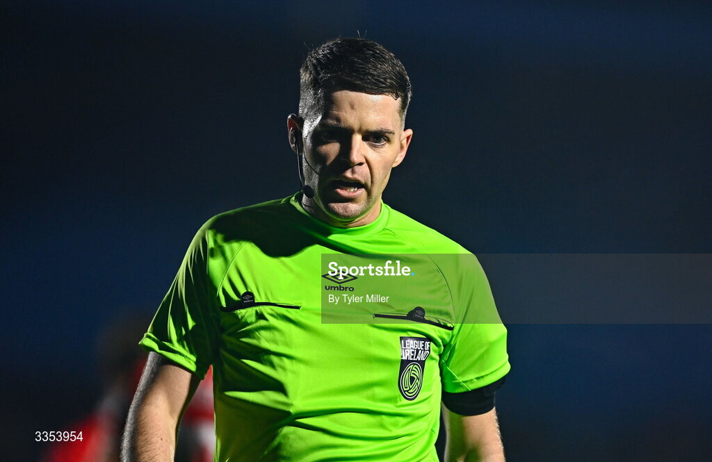 6 February 2026; Referee Lucas Keating during the SSE Airtricity Men's Premier Division match between Waterford and Shelbourne at the Regional Sports Centre in Waterford. Photo by Tyler Miller/Sportsfile