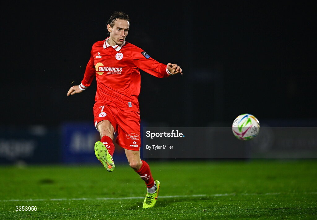 6 February 2026; Harry Wood of Shelbourne during the SSE Airtricity Men's Premier Division match between Waterford and Shelbourne at the Regional Sports Centre in Waterford. Photo by Tyler Miller/Sportsfile