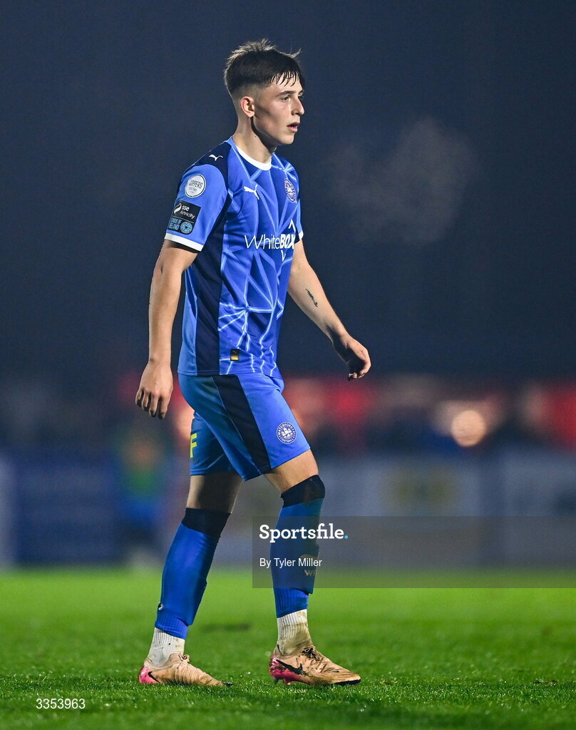 6 February 2026; Cian Barrett of Waterford during the SSE Airtricity Men's Premier Division match between Waterford and Shelbourne at the Regional Sports Centre in Waterford. Photo by Tyler Miller/Sportsfile