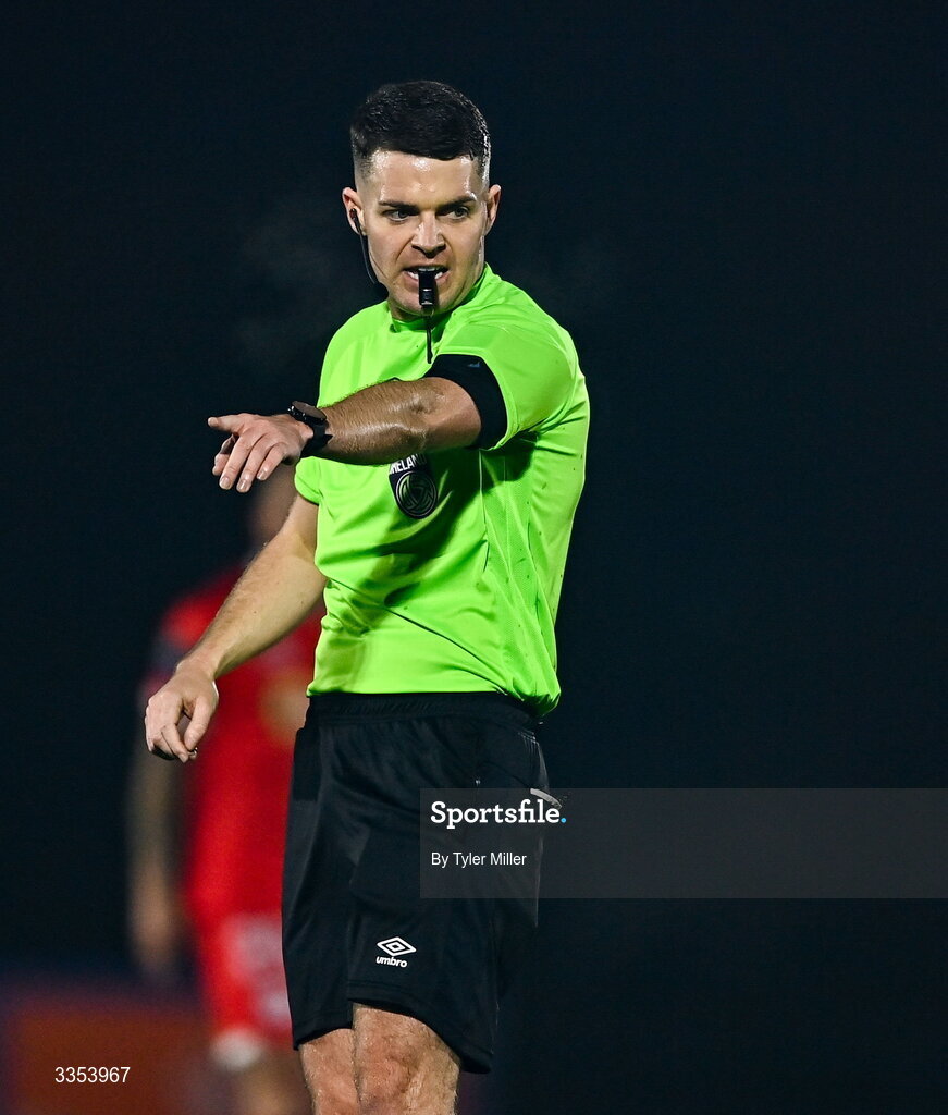 6 February 2026; Referee Lucas Keating during the SSE Airtricity Men's Premier Division match between Waterford and Shelbourne at the Regional Sports Centre in Waterford. Photo by Tyler Miller/Sportsfile