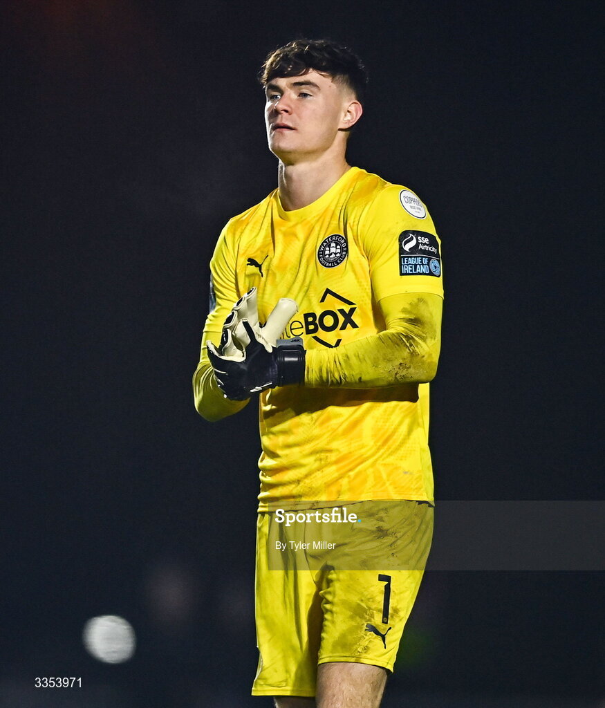 6 February 2026; Waterford goalkeeper Stephen McMullan during the SSE Airtricity Men's Premier Division match between Waterford and Shelbourne at the Regional Sports Centre in Waterford. Photo by Tyler Miller/Sportsfile