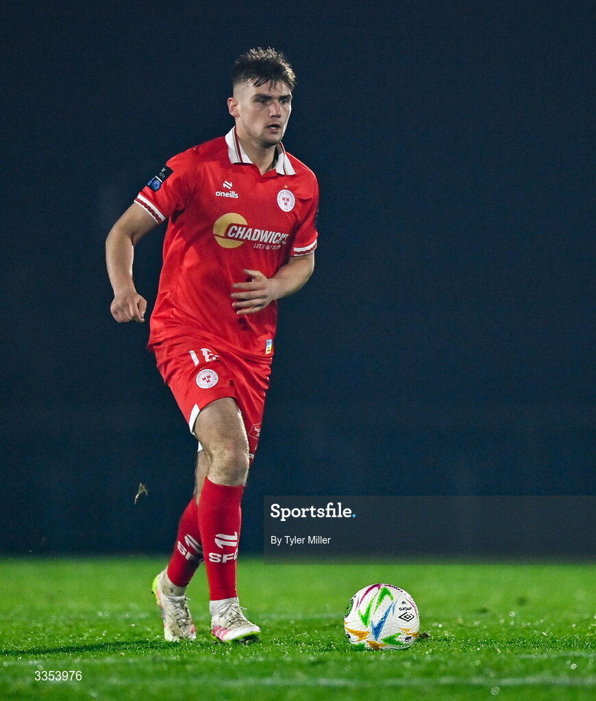 6 February 2026; Odhrán Casey of Shelbourne during the SSE Airtricity Men's Premier Division match between Waterford and Shelbourne at the Regional Sports Centre in Waterford. Photo by Tyler Miller/Sportsfile