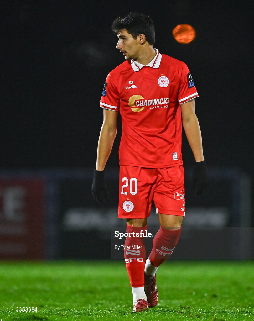6 February 2026; Rodrigo Freitas of Shelbourne during the SSE Airtricity Men's Premier Division match between Waterford and Shelbourne at the Regional Sports Centre in Waterford. Photo by Tyler Miller/Sportsfile
