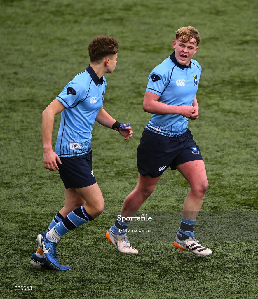 9 February 2026; St Michael’s College players John Gunne, left, and James Farrell during the Bank of Ireland Leinster Rugby Boys Schools Junior Cup First Round match between Gonzaga College and St Michael’s College at Energia Park in Dublin. Photo by Shauna Clinton/Sportsfile