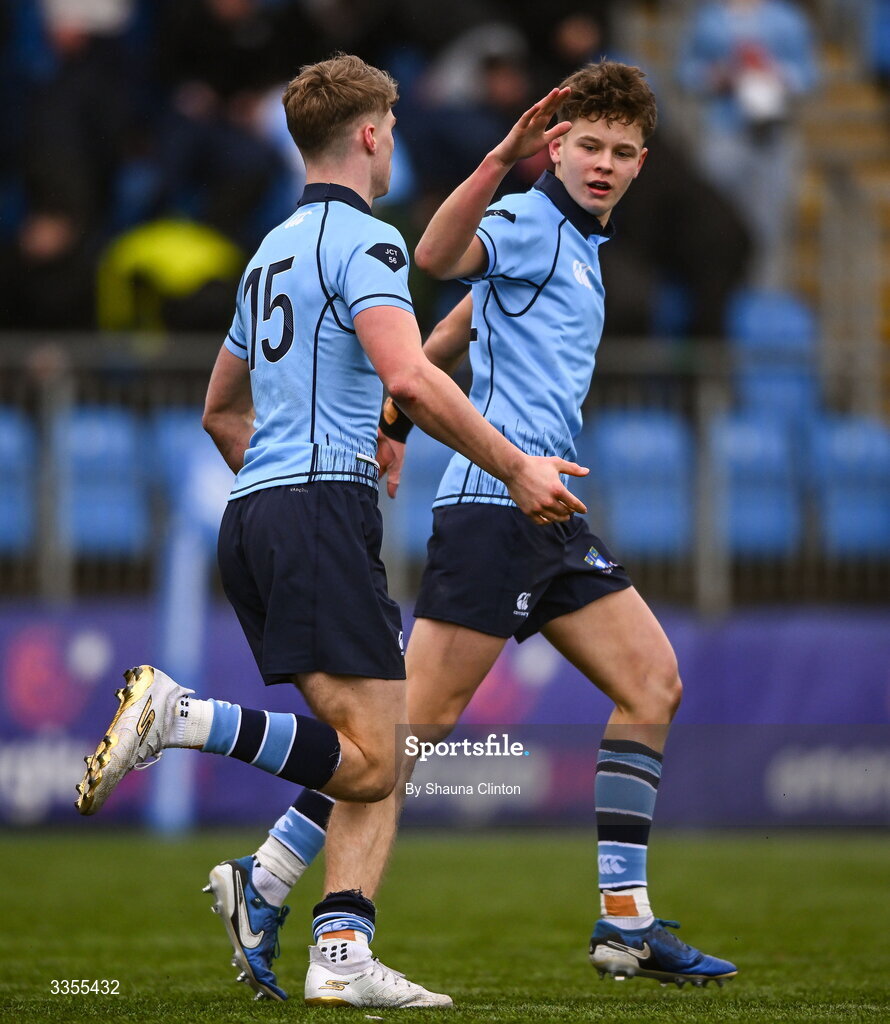 9 February 2026; John Gunne of St Michael’s College, right, congratulates team-mate Myles Carroll after scoring a try during the Bank of Ireland Leinster Rugby Boys Schools Junior Cup First Round match between Gonzaga College and St Michael’s College at Energia Park in Dublin. Photo by Shauna Clinton/Sportsfile
