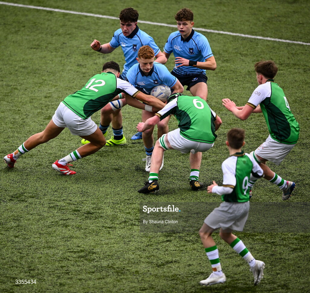 9 February 2026; Eoghan McNulty of St Michael’s College is tackled by Robert Callanan of Gonzaga College during the Bank of Ireland Leinster Rugby Boys Schools Junior Cup First Round match between Gonzaga College and St Michael’s College at Energia Park in Dublin. Photo by Shauna Clinton/Sportsfile