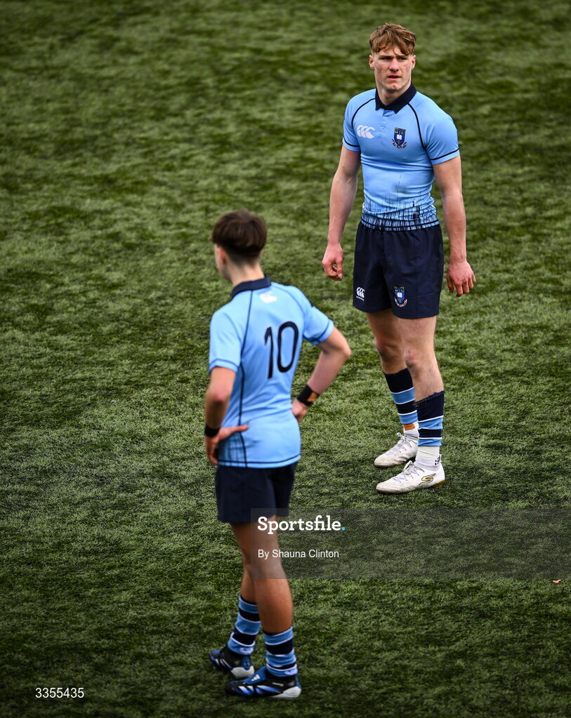 9 February 2026; St Michael’s College players Myles Carroll, right, and Oisin Crehan during the Bank of Ireland Leinster Rugby Boys Schools Junior Cup First Round match between Gonzaga College and St Michael’s College at Energia Park in Dublin. Photo by Shauna Clinton/Sportsfile