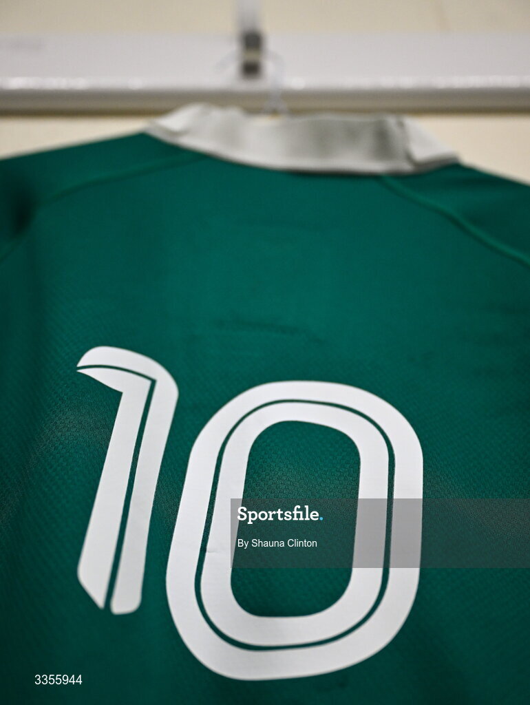 13 February 2026; The jersey of Tom Wood of Ireland is seen hanging in the dressing-room ahead of the U20 Six Nations Rugby Championship match between Ireland and Italy at Virgin Media Park in Cork. Photo by Shauna Clinton/Sportsfile