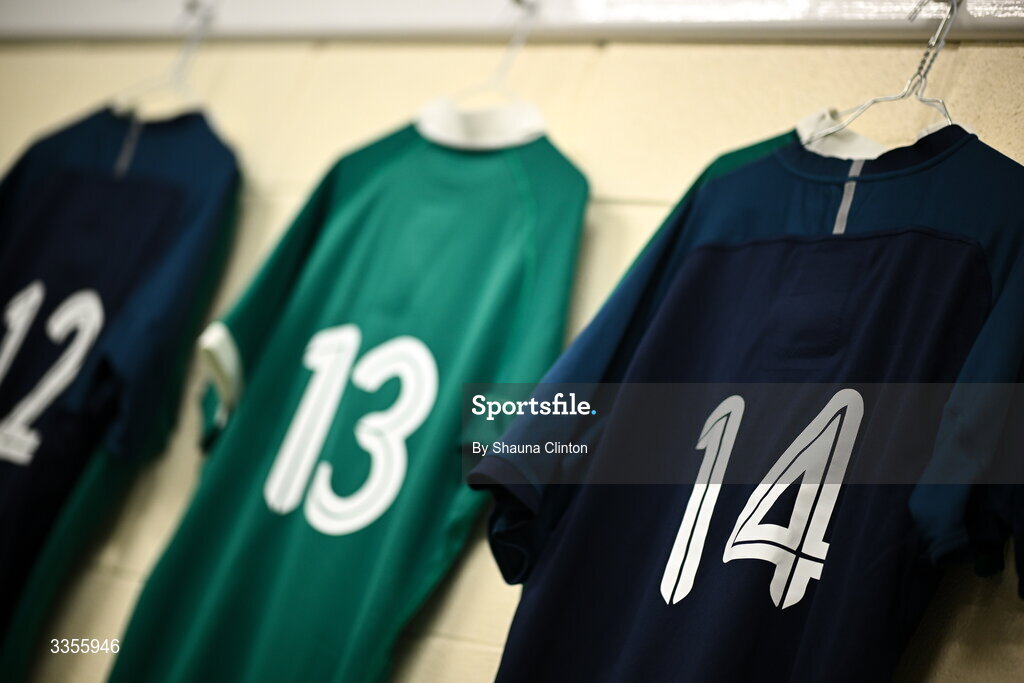 13 February 2026; The jerseys of Ireland players, from left, James O'Leary, Rob Carney and Derry Moloney are seen hanging in the dressing-room ahead of the U20 Six Nations Rugby Championship match between Ireland and Italy at Virgin Media Park in Cork. Photo by Shauna Clinton/Sportsfile