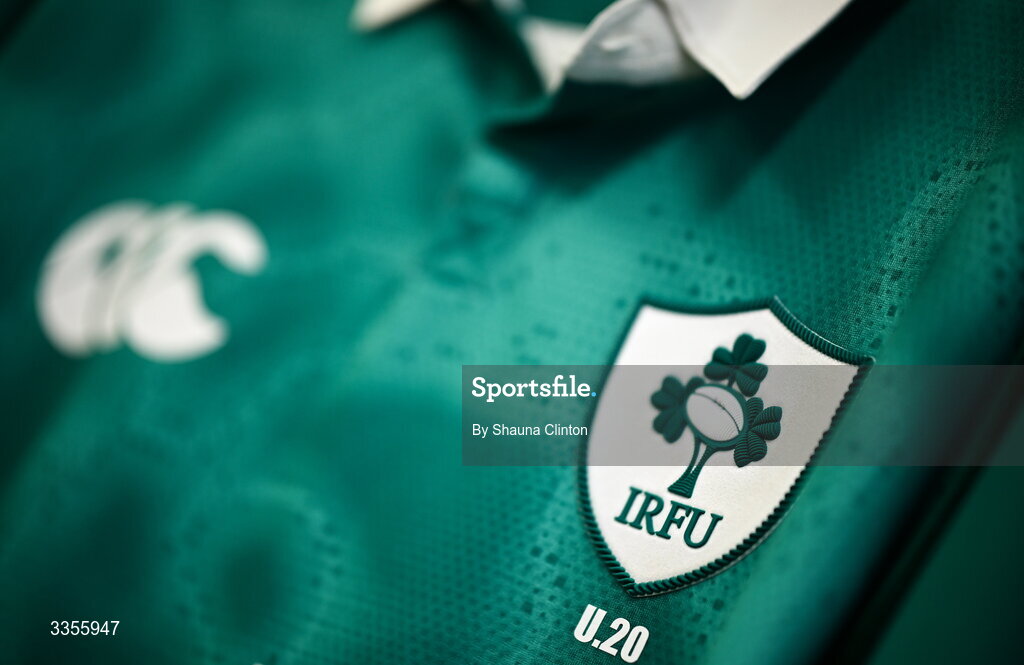 13 February 2026; A detailed view of the jersey of Ireland captain Sami Bishti is seen hanging in the dressing-room ahead of the U20 Six Nations Rugby Championship match between Ireland and Italy at Virgin Media Park in Cork. Photo by Shauna Clinton/Sportsfile