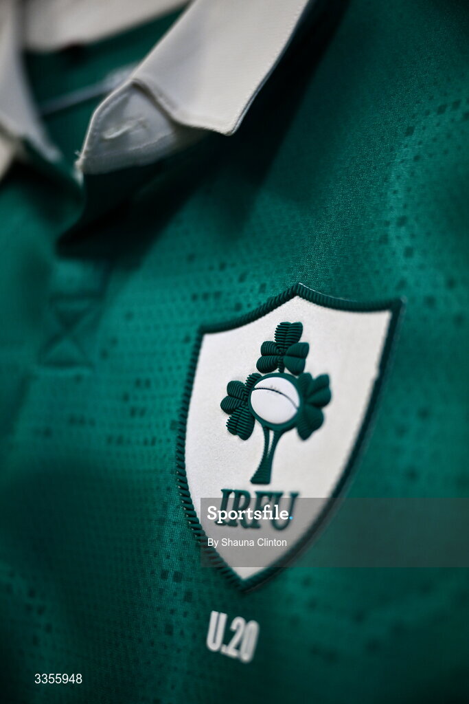 13 February 2026; A detailed view of the jersey of Ireland captain Sami Bishti is seen hanging in the dressing-room ahead of the U20 Six Nations Rugby Championship match between Ireland and Italy at Virgin Media Park in Cork. Photo by Shauna Clinton/Sportsfile