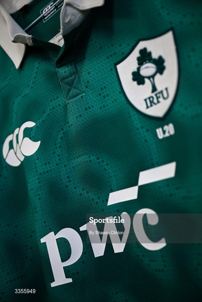 13 February 2026; A detailed view of the jersey of Ireland captain Sami Bishti is seen hanging in the dressing-room ahead of the U20 Six Nations Rugby Championship match between Ireland and Italy at Virgin Media Park in Cork. Photo by Shauna Clinton/Sportsfile
