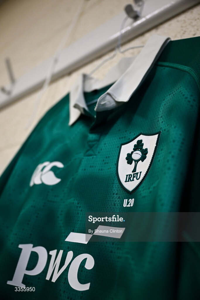 13 February 2026; A detailed view of the jersey of Ireland captain Sami Bishti is seen hanging in the dressing-room ahead of the U20 Six Nations Rugby Championship match between Ireland and Italy at Virgin Media Park in Cork. Photo by Shauna Clinton/Sportsfile