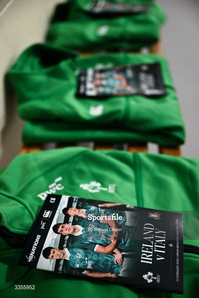 13 February 2026; Match programmes are seen in the dressing-room ahead of the U20 Six Nations Rugby Championship match between Ireland and Italy at Virgin Media Park in Cork. Photo by Shauna Clinton/Sportsfile