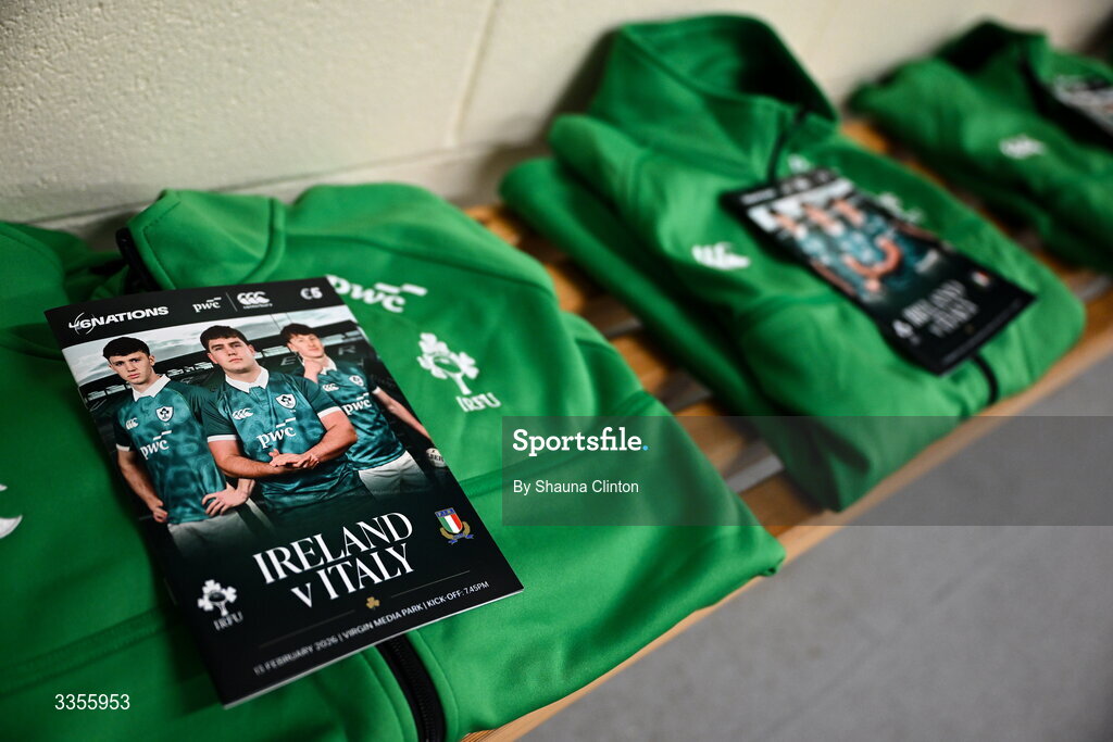 13 February 2026; Match programmes are seen in the dressing-room ahead of the U20 Six Nations Rugby Championship match between Ireland and Italy at Virgin Media Park in Cork. Photo by Shauna Clinton/Sportsfile