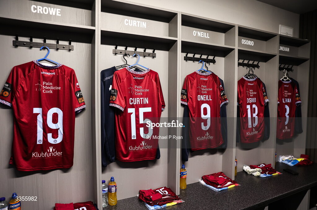 13 February 2026; A general view of the Cobh Ramblers dressingroom before the SSE Airtricity Men's First Division match between Cobh Ramblers and Wexford at St Colman's Park in Cobh, Cork. Photo by Michael P Ryan/Sportsfile