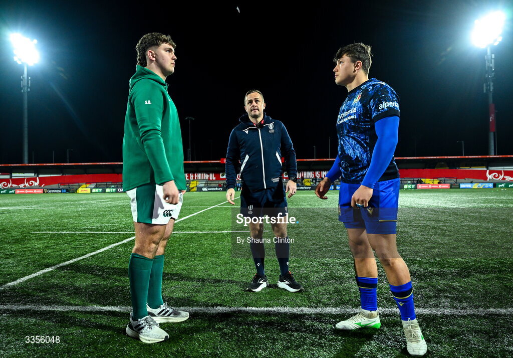 13 February 2026; Referee Luke Rogan, centre, is joined by Ireland captain Sami Bishti, left, and Italy captain Riccardo Casarin for the coin toss ahead of the U20 Six Nations Rugby Championship match between Ireland and Italy at Virgin Media Park in Cork. Photo by Shauna Clinton/Sportsfile
