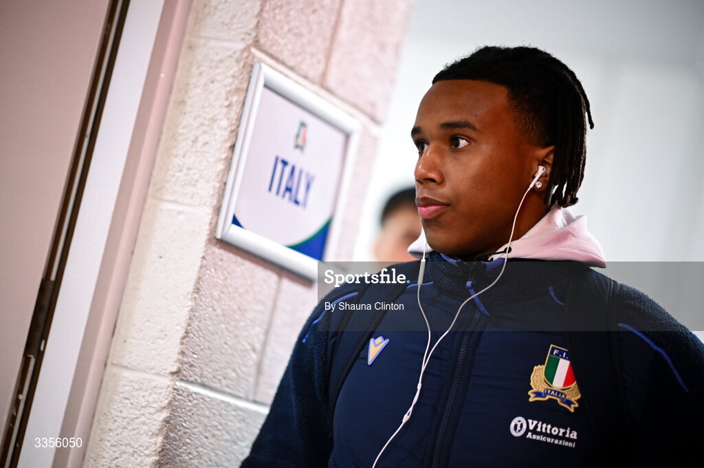 13 February 2026; Malik Faissal of Italy arrives ahead of the U20 Six Nations Rugby Championship match between Ireland and Italy at Virgin Media Park in Cork. Photo by Shauna Clinton/Sportsfile